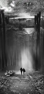 Black and white wallpaper of a couple walking in a dreamy forest path.