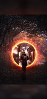 Glowing portal in a dark forest with a figure walking through, creating a mystical scene.