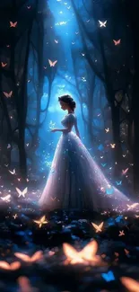 Ethereal forest scene with princess and glowing butterflies.