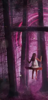 Girl on swing in a mystical purple forest.