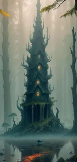 Mystical tower in an ethereal forest ambiance wallpaper.