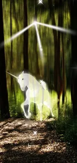 Ethereal unicorn in a sunlit forest with mystical light.