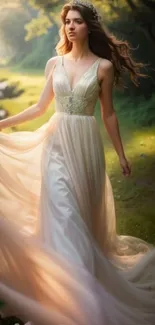 Woman in ethereal bridal gown walks along sunlit forest path.