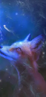 Ethereal fox gazing at jellyfish in night sky art wallpaper.