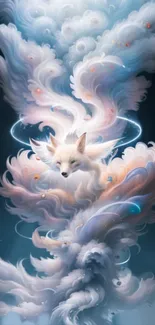 Ethereal fox surrounded by swirling celestial clouds in a mystical design.