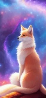 Ethereal fox sitting against a vibrant cosmic background in space.