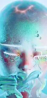 Ethereal futuristic face with colorful abstract elements wallpaper.