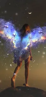 Ethereal figure with vibrant galaxy wings under a crescent moon at night.