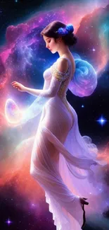 Fantasy artwork depicting a celestial goddess in a vibrant galaxy setting.