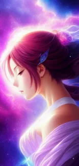 Ethereal girl in a purple galaxy-themed wallpaper.