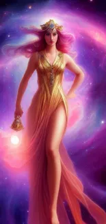 Ethereal goddess in golden light with a cosmic purple galaxy swirl background.