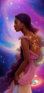 Ethereal goddess in a vibrant galaxy backdrop.