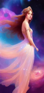 Ethereal princess in a flowing dress surrounded by a cosmic galaxy scene.