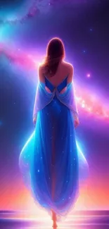 Ethereal figure walking in a cosmic galaxy with vibrant colors.