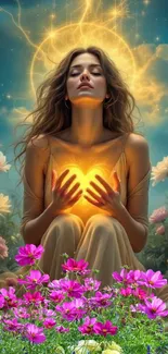Woman in garden under glowing light.