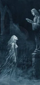 A ghost and angel interact in a dark, gothic setting with gravestones.