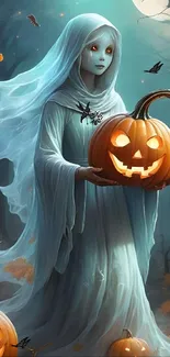 Ghostly figure holding a glowing pumpkin.