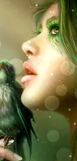 Fantasy art of green-haired girl with bird.