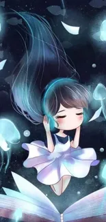 Whimsical wallpaper with a girl and glowing jellyfish.