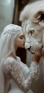 Woman in white with a white lion.