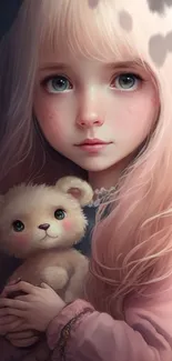 Ethereal girl with teddy bear in soft pink tones