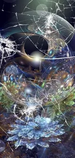 Ethereal glass orb with cosmic background in abstract art wallpaper.