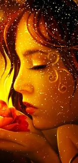 Fantasy art of a woman with golden light and sparkles.