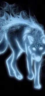 Ethereal glowing wolf on dark background, fantasy art wallpaper.