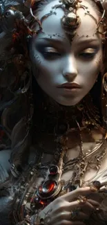 Ethereal goddess in dark brown tones with intricate fantasy elements.