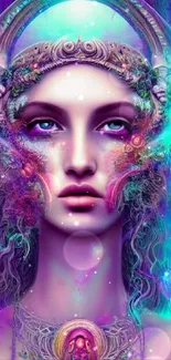 Ethereal goddess portrait with vibrant blue and purple hues.