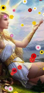 Ethereal goddess illustration with divine landscape.