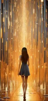 Woman in a blue dress walking towards a radiant golden light path.