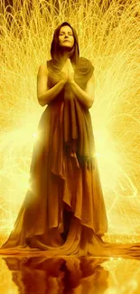 Mystical figure in golden light burst, ethereal mobile wallpaper.