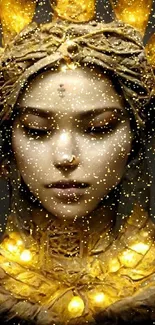 Ethereal figure with golden glowing leaves in dark artistic portrait.