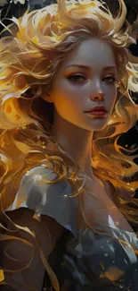 Ethereal portrait with glowing golden hair and fantasy elements.