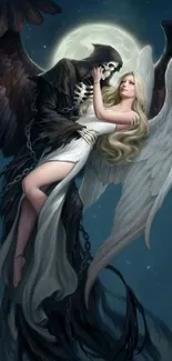 Ethereal Gothic angel with moonlit sky backdrop.