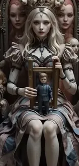 Ethereal gothic doll queen with intricate details and muted colors.