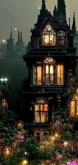 Gothic-style houses glowing in a mystical forest landscape.