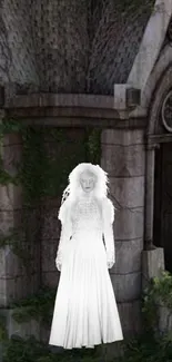 Gothic wallpaper with an eerie ghostly figure in white against a stone background.