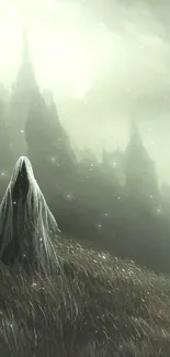 Ghostly figure in misty gothic landscape, creating a mysterious atmosphere.