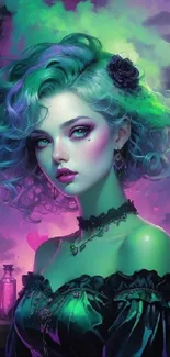 Ethereal fantasy artwork with green hues and vibrant fantasy elements.