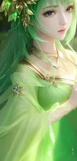 Ethereal fantasy character in green with floral accents for mobile wallpaper.