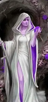 Gothic Grim Reaper with purple roses and skulls in ethereal art style.