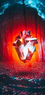 Glowing geometric heart in a mystical forest with vibrant red and blue hues.