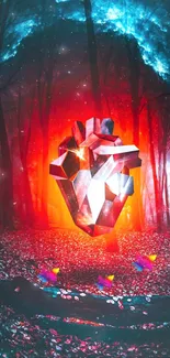 Surreal glowing geometric heart in forest wallpaper with vibrant colors.