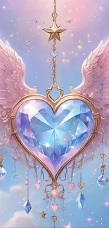 Ethereal heart with wings and stars wallpaper.