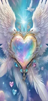 Heavenly heart with doves and wings on a celestial background.