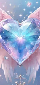 Pastel heart with angel wings and stars on a mystical sky background.