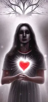 Mysterious woman with glowing heart in ethereal wallpaper design.