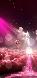 Ethereal pink clouds with celestial figures glowing in divine light.